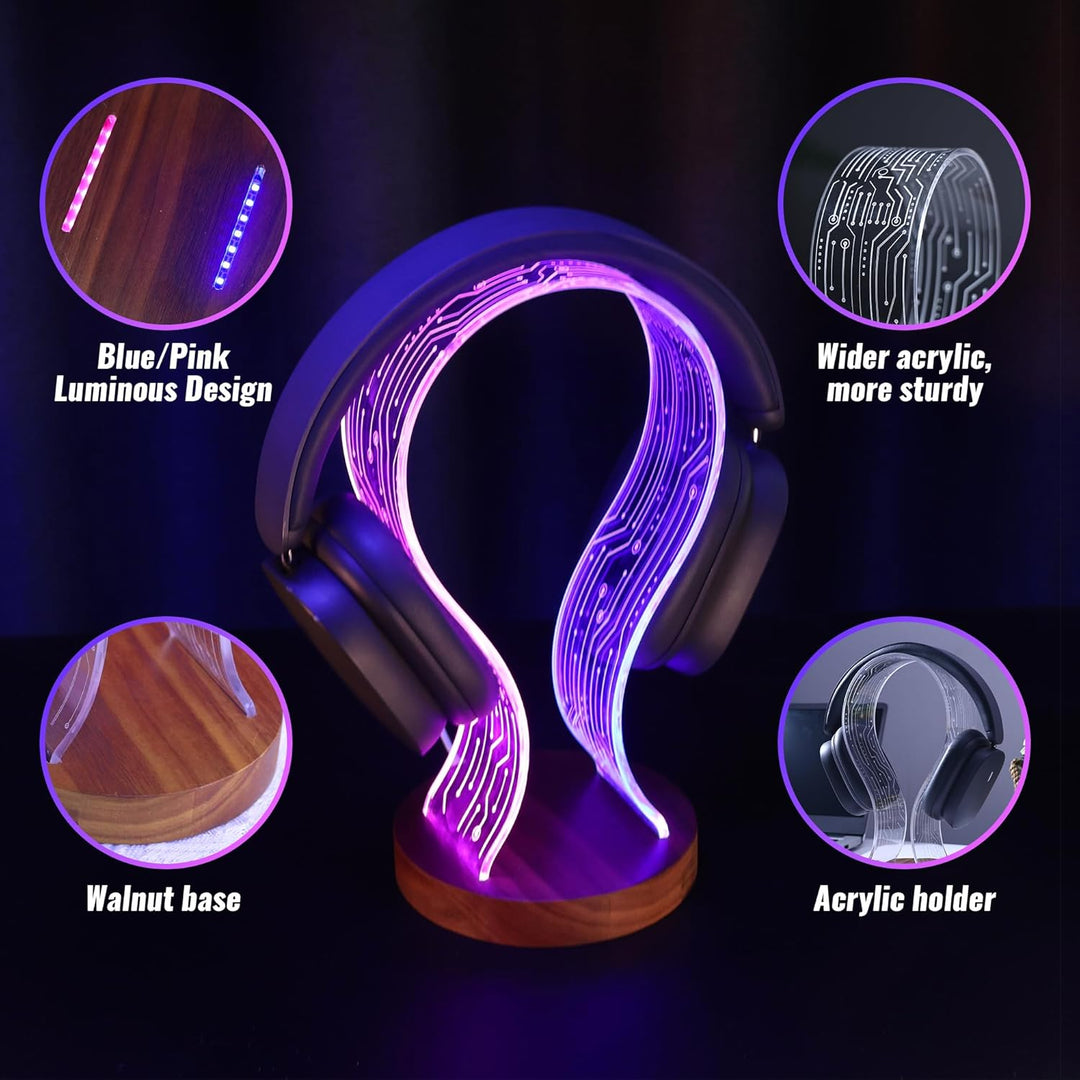 Ammonite Kopfhörerständer - Walnussholz Gaming Schreibtisch Accessoire mit LED-Leuchten, USB-Strom &