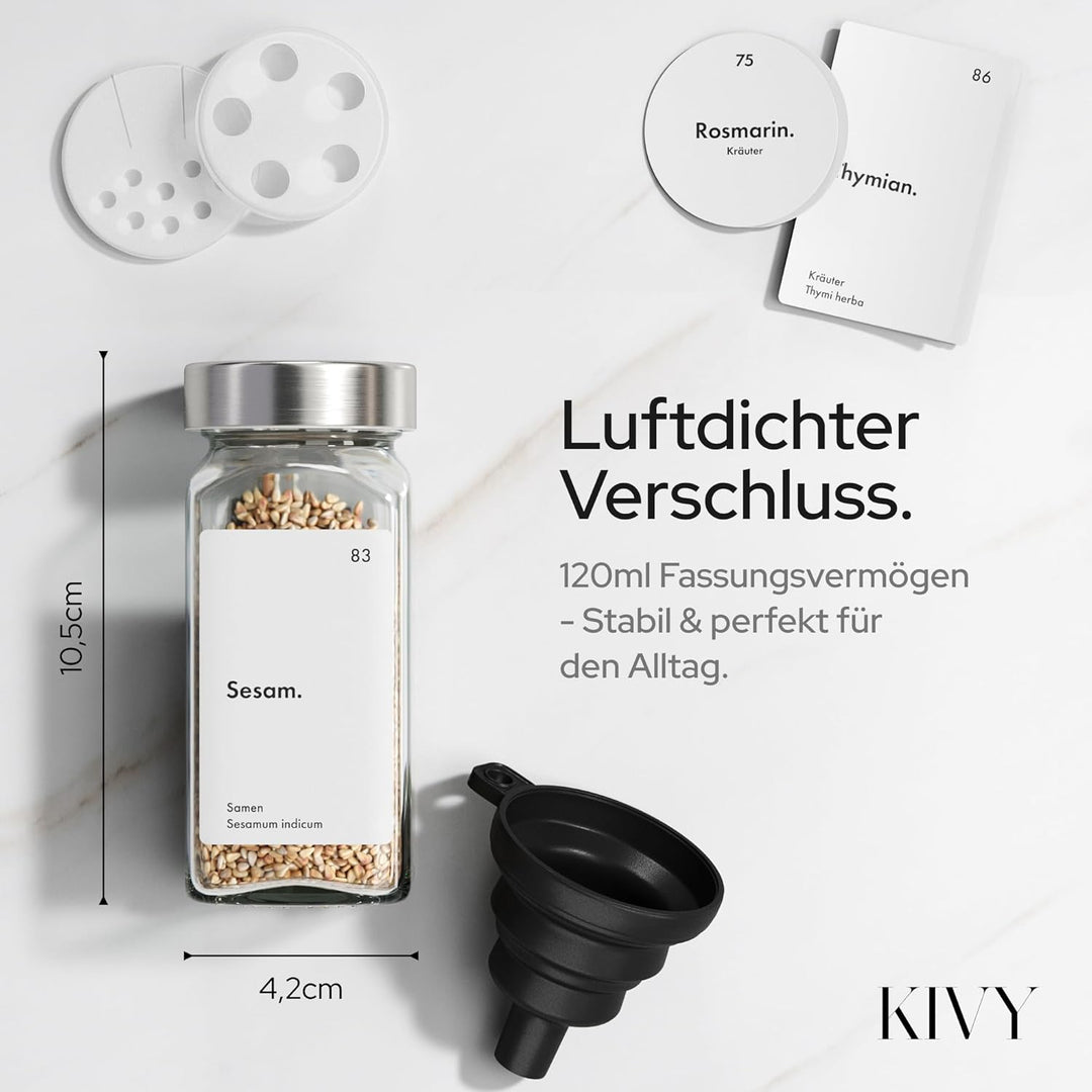 KIVY Gewürzgläser mit Streueinsatz [24x 120ml] + 240 Wasserfeste Label - Gewürzgläser eckig - Gewürz