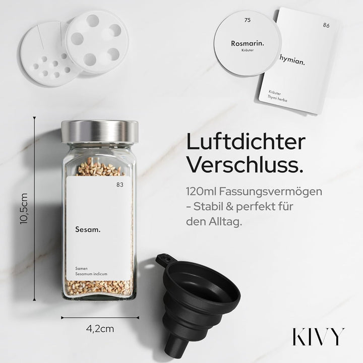 KIVY Gewürzregal mit Gläsern | inkl. 24 Gewürzgläser mit Etiketten - Verstellbare Breite - Gewürz Or