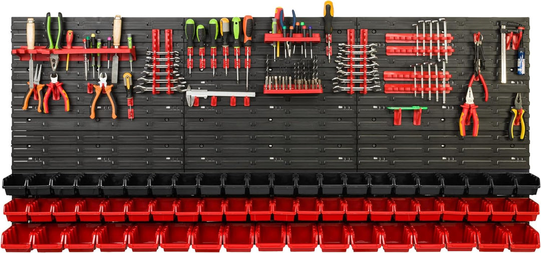 Lagersystem Werkstattregal | 172 x 78 cm | 61 stck. Box | Wandregal mit Werkzeughalterungen und Stap