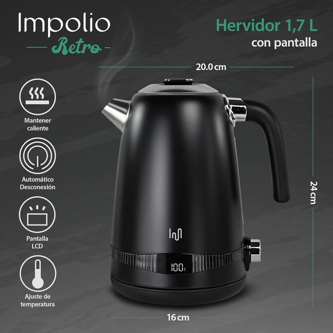 Impolio Retro Wasserkocher 1,7 L, LCD Display und Temperaturauswahl, TÜV Rheinland GS Zertifiziert,