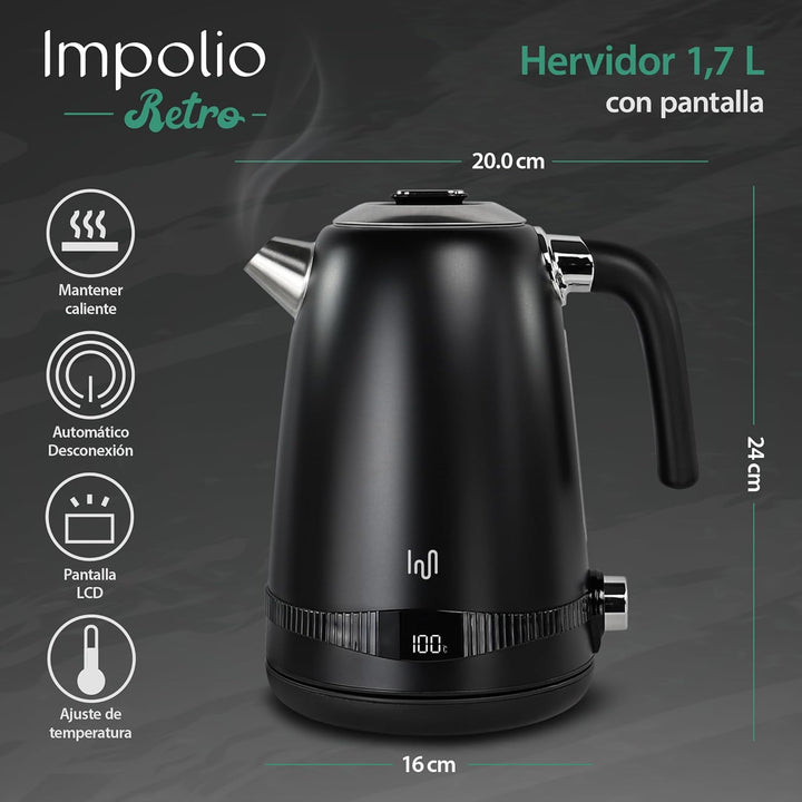 Impolio Retro Wasserkocher 1,7 L, LCD Display und Temperaturauswahl, TÜV Rheinland GS Zertifiziert,