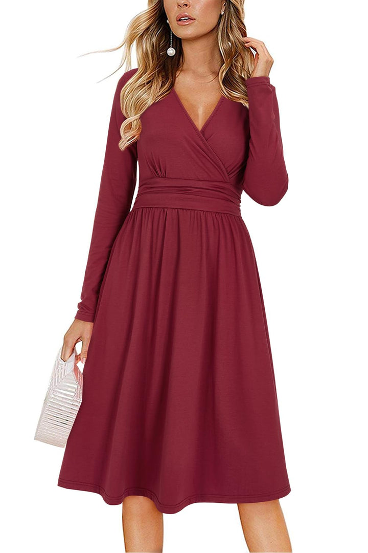 OUGES Kleid Damen Kurzarm/Langarm Sommer Herbstkleid V-Ausschnitt Casual Midi Freizeitkleid mit Tasc