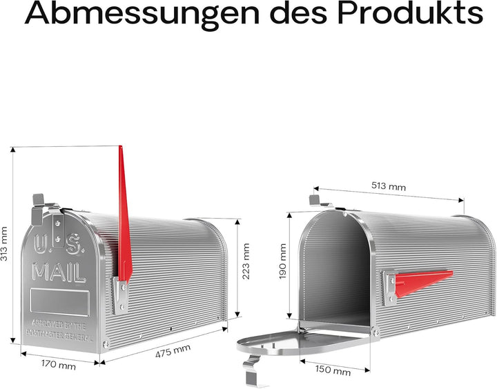Wiltec US Mailbox Silbergrau 180 x 220 x 480 mm, amerikanischer Briefkasten mit Fahne, Wandbriefkast