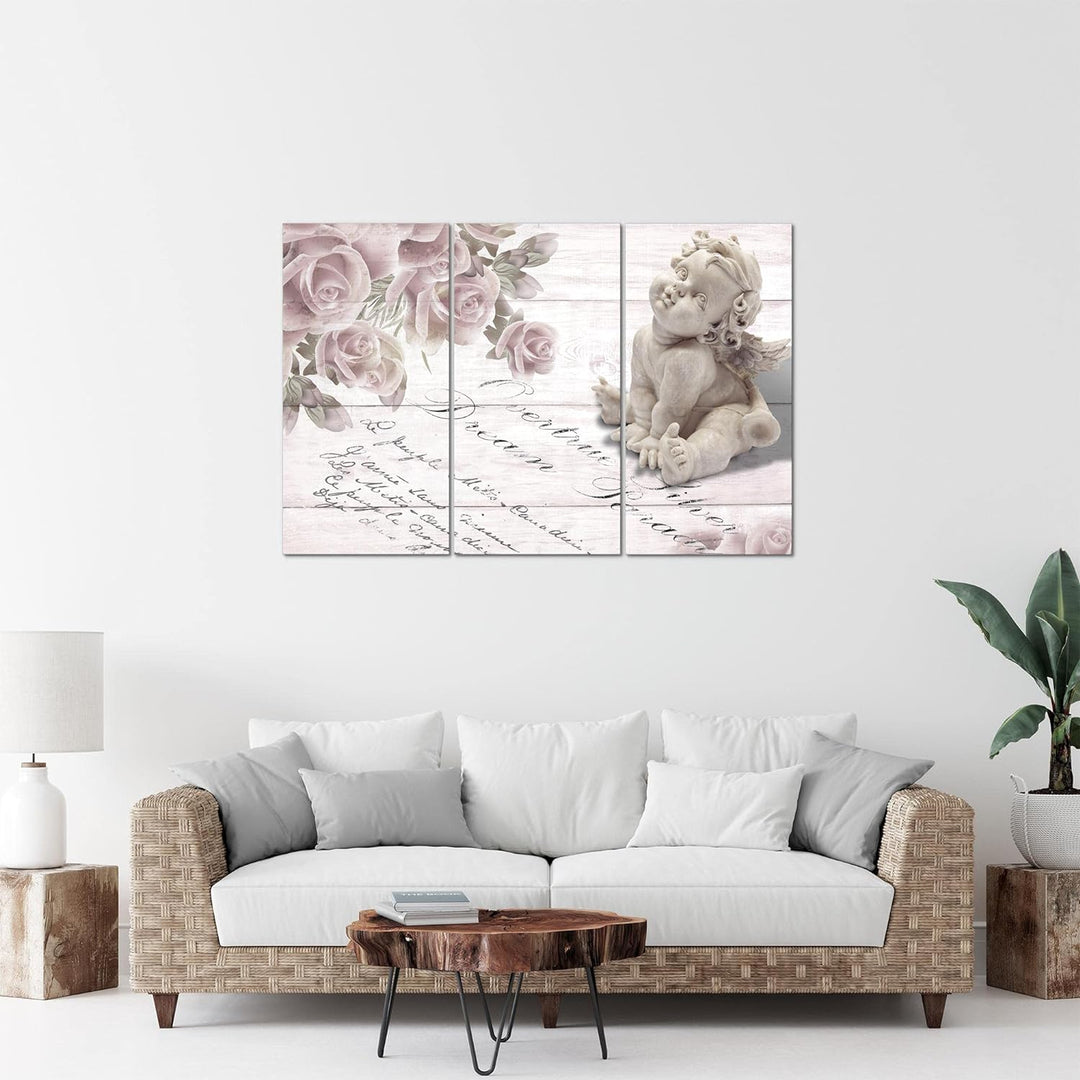 Runa Art Wandbilder Engel Blumen Bild XXL Wohnzimmer Schlafzimmer Grau Rosen Holz 120 x 80 cm 3 Teil