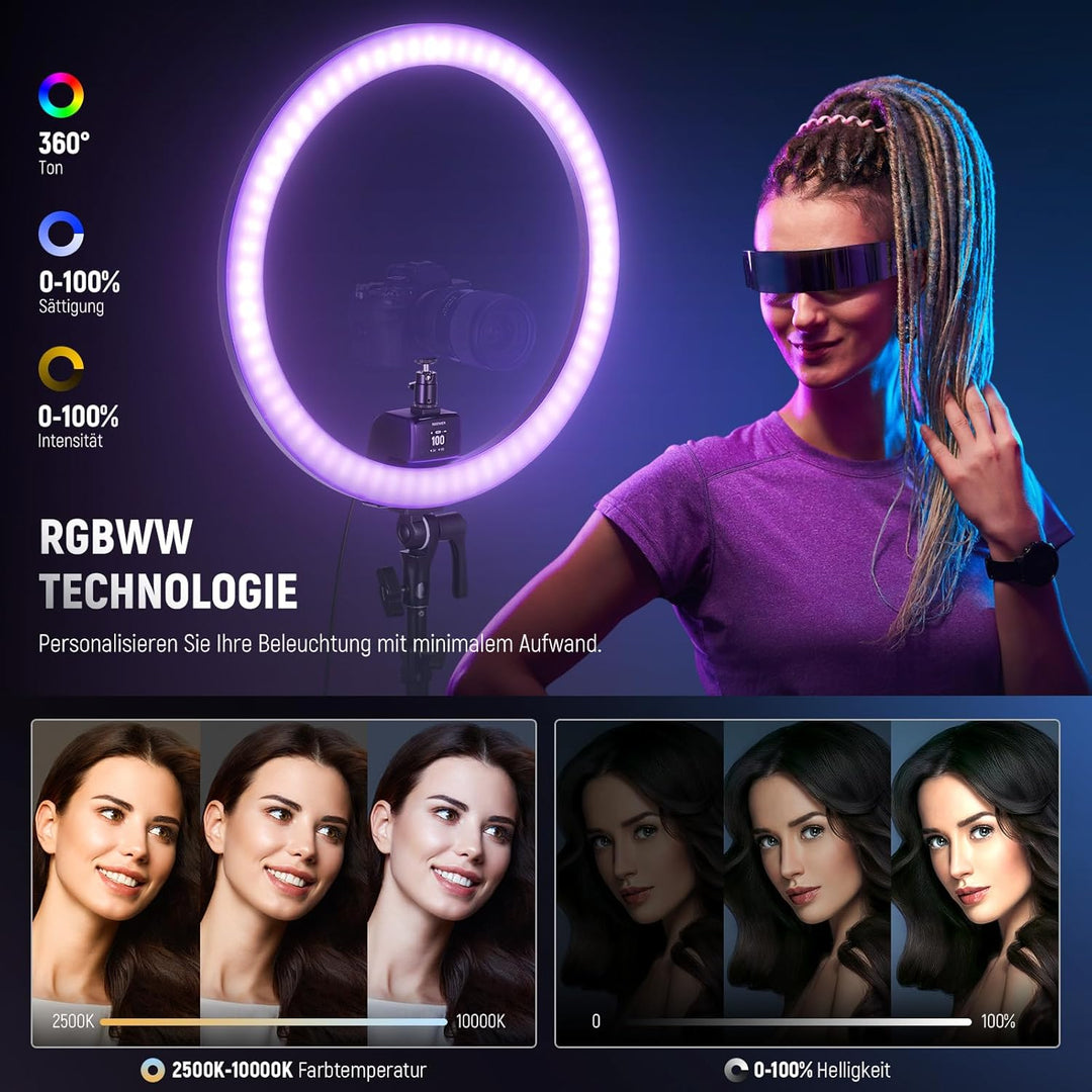 NEEWER SRP18C RGB LED Ringlicht Set ultraschlank App Steuerung mit umkehrbarem Licht Ständer, Telefo