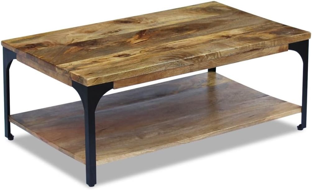 Festnight Couchtisch Kaffeetisch Sofatisch Mangoholz Stahlrahmen Beistelltisch mit Ablagefach zur Au