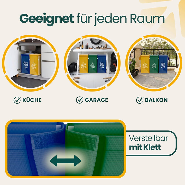 Mülltrennsystem 3fach – Set aus 3 Mülltrennsysteme für Plastik, Papier und Glas – Recycling Behälter