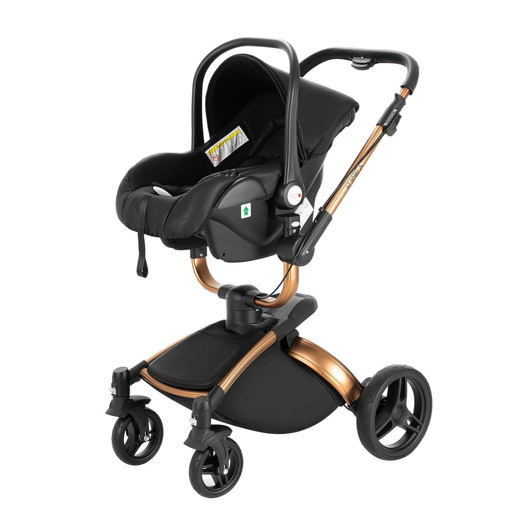Magic ZC 360° Drehbarer PU-Leder Kinderwagen 3 in 1, Kinderwagen Set Umkehrbarem Doppelschiebemodus,