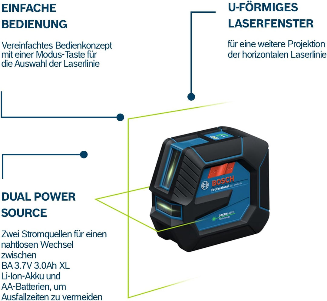 Bosch Professional Linienlaser GLL 20-22 G (Halterung LB 10, grüner Laser, Innenbereich, Dual Power