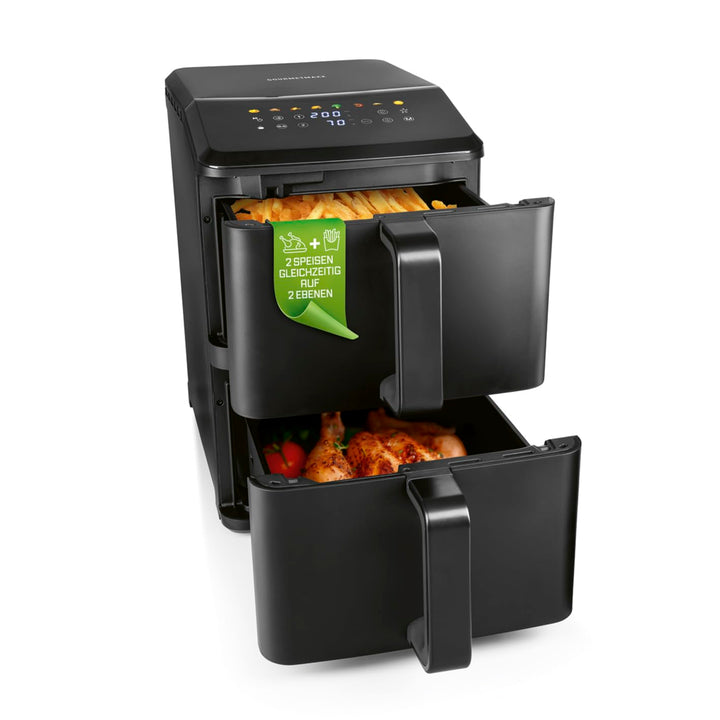 GOURMETmaxx FryUp vertikale Doppelkammer Heissluftfritteuse - 10 L | Airfryer mit 9,8 Zoll Multi-Col