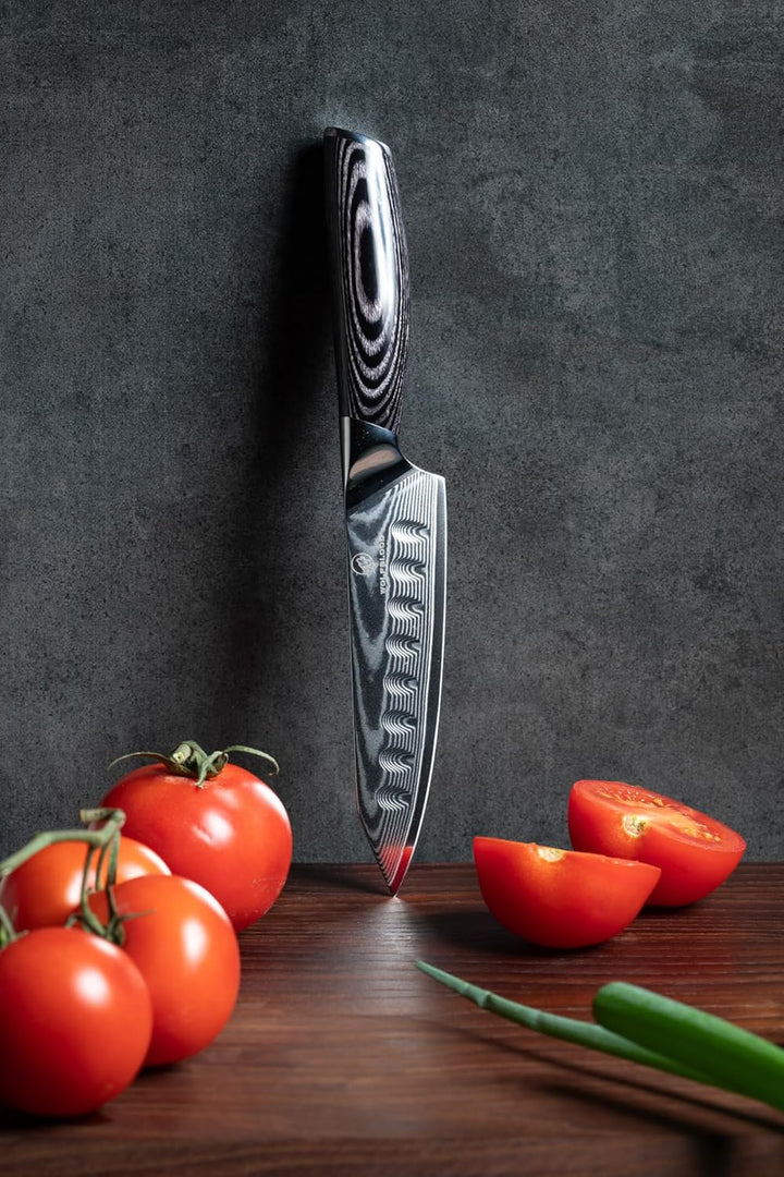 Wolfblood PRO Damastmesser Damast Küchenmesser L(23cm) Profi Santokumesser aus echtem 67 Lagen Damas