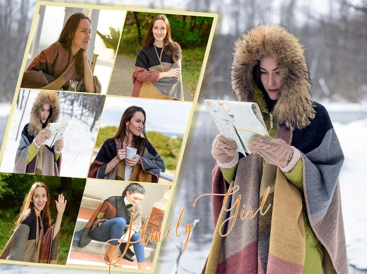 Shmily Girl - Damen Poncho Habe Gestrickt Überdimensionalen Decke Kap-Schal Plaid / Kakhi, Plaid / K
