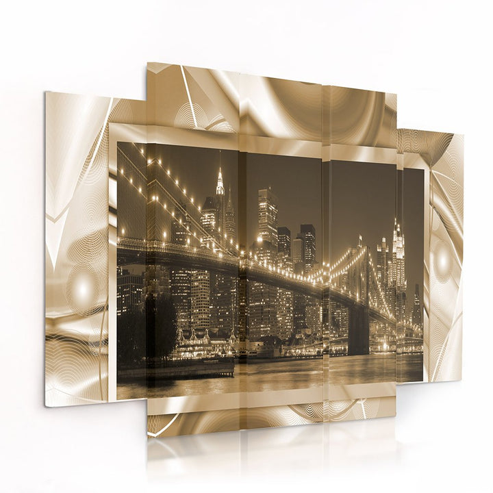 Feeby Frames, Leinwandbild Bilder Wand Bild - 5 Teile - Wandbilder Kunstdruck (New York City, BRAUN)