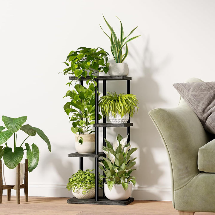 Bamworld Blumenständer aus Metall und Holz – Pflanzenständer mit 4 Ebenen, Pflanzenregal für Innenbe