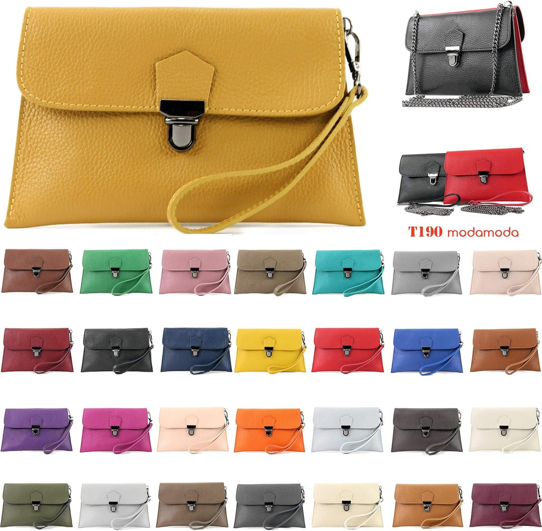 modamoda de T190 Damen Leder Clutch Handgelenktasche Schultertasche mit Kette handmade in Italy Past