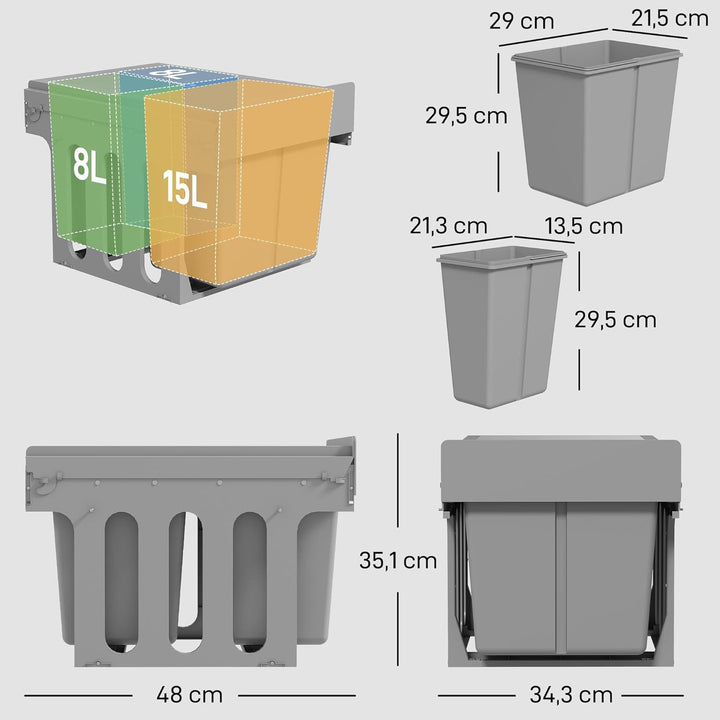 HOMCOM 31L Ausziehbarer Abfallbehälter 15L + 8L x 2, Soft-Close Untertischbehälter mit herausnehmbar