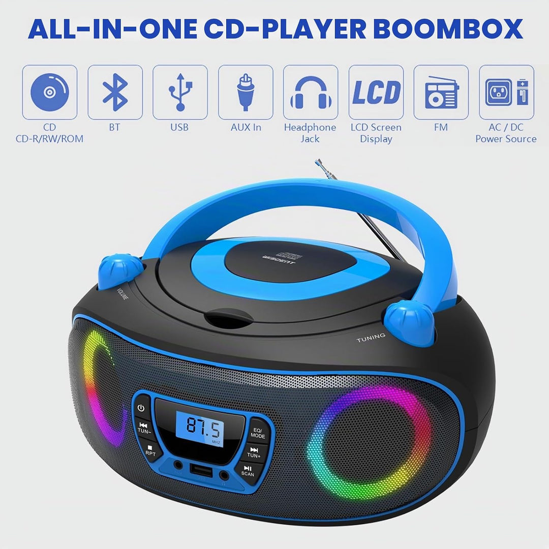 Tragbarer Stereo-CD-Player Boombox mit UKW-Radio, Bluetooth, CD-R/CD-RW/MP3/WMA-Wiedergabe, USB-Ansc