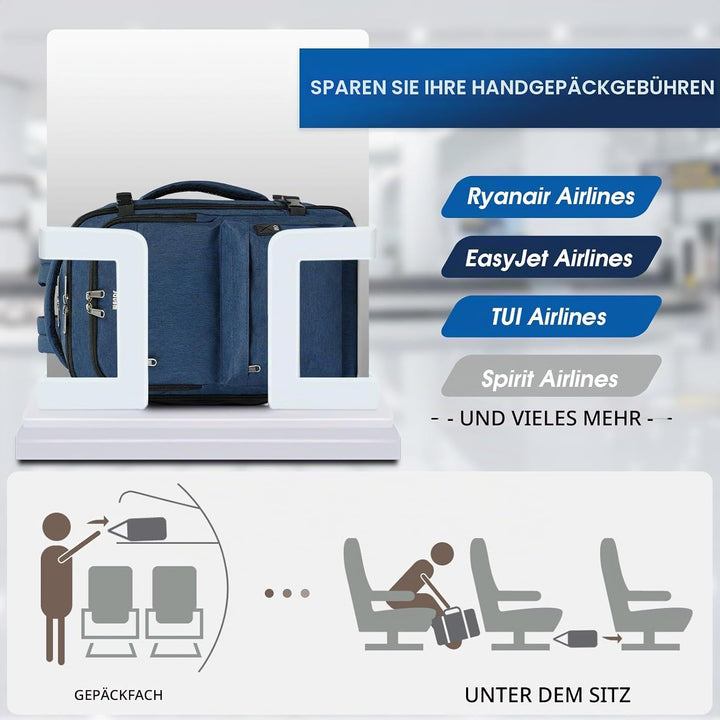WANDF Handgepäck Rucksack 40x20x25cm für Ryanair Airlines, Untersitz-Reise-Handgepäck-Tasche mit Nas