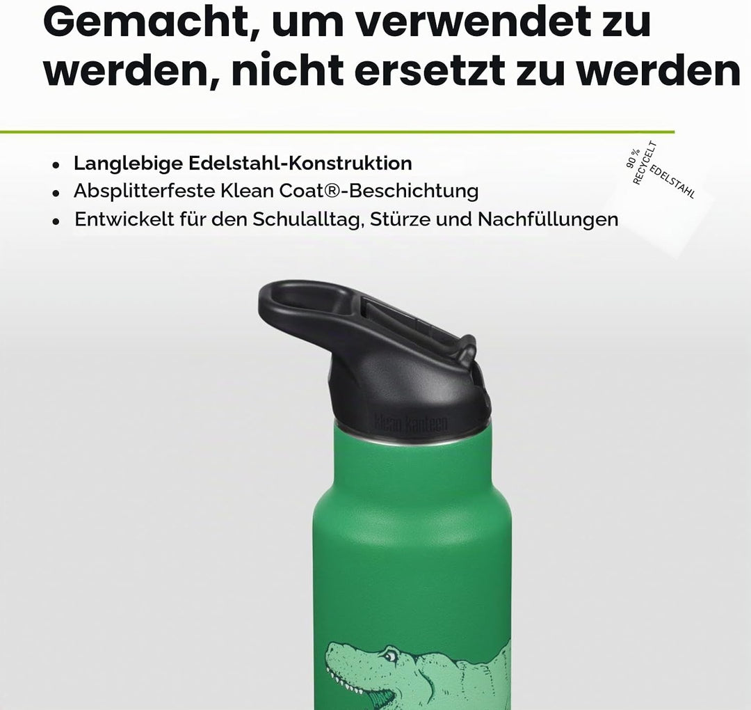 KLEAN KANTEEN Isolierte Kinderflasche, 355ml, mit Flip Sport Cap und Edelstahl-Trinkhalm, Grün/Dino
