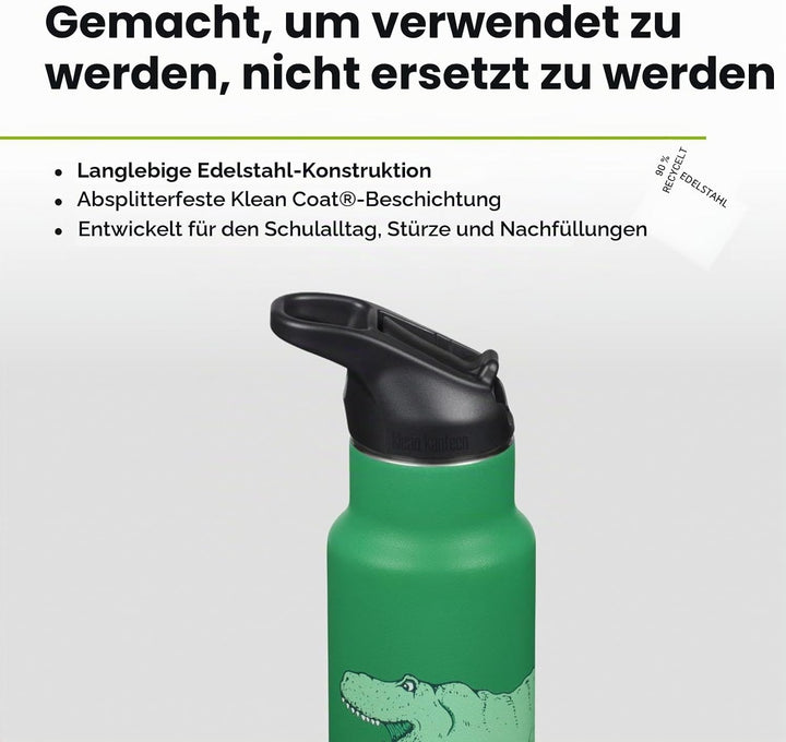 KLEAN KANTEEN Isolierte Kinderflasche, 355ml, mit Flip Sport Cap und Edelstahl-Trinkhalm, Grün/Dino