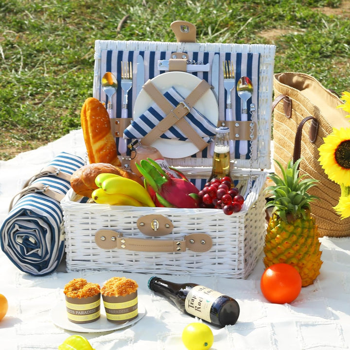 Picknickkorb Set für 2 Person mit Kühlfach und wasserdichte Picknickdecke, Abnehmbarer Riemen, Weinb