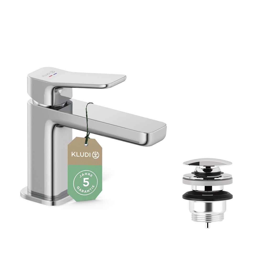KLUDI-X3 Waschtischarmatur mit Push-Open Ablaufgarnitur, Auslaufhöhe 85 mm, wassersparender Wasserha