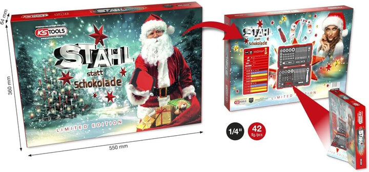 KS Tools 999.2222 Adventskalender 2023 / Profi-Torsions-Bit Satz mit 1/4" Bit-Umschaltknarre und 1/4