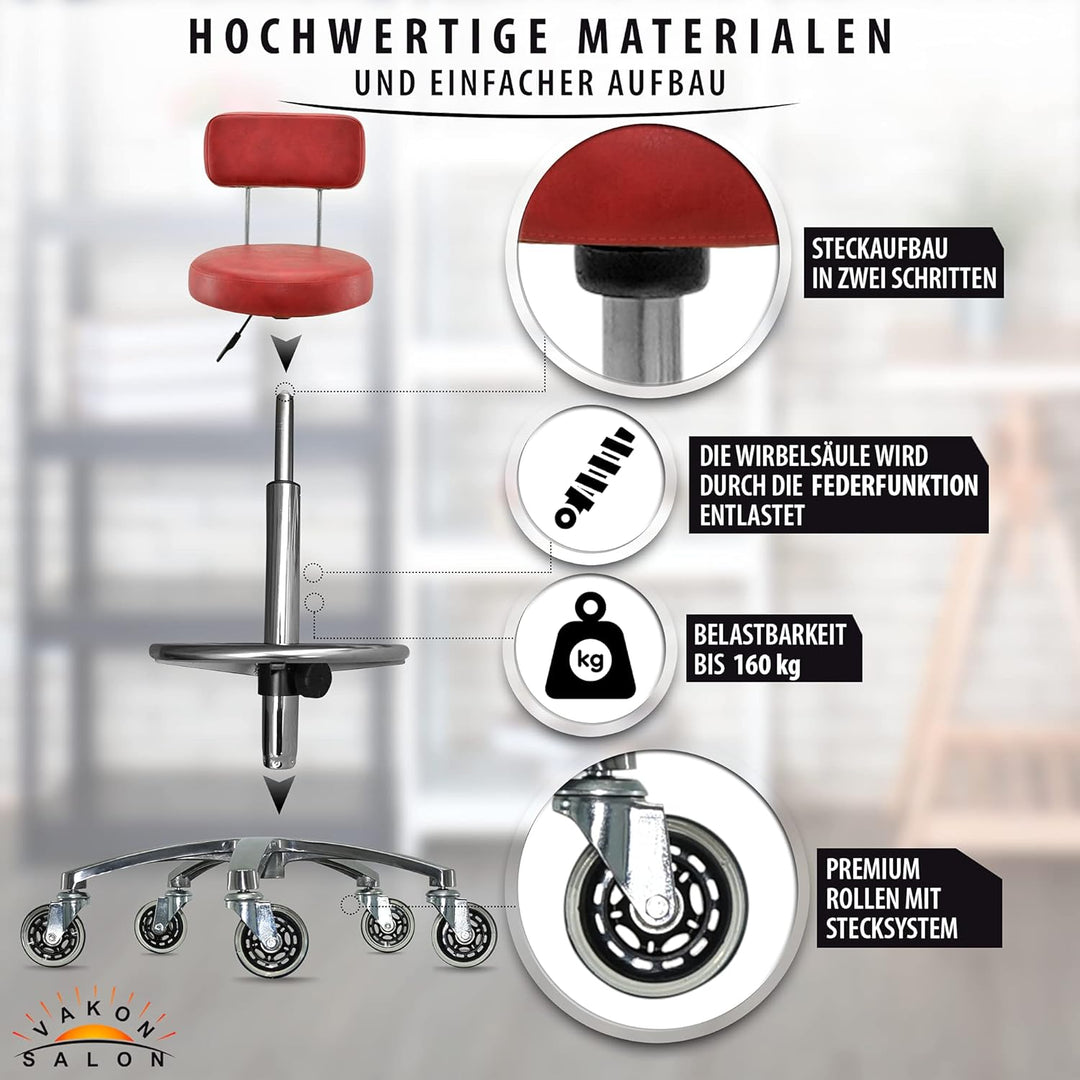 VAKON SALON - Premium Rollhocker in Rot mit Lehne und Fussring - Höhenverstellbar 55-75 cm - Rundsit