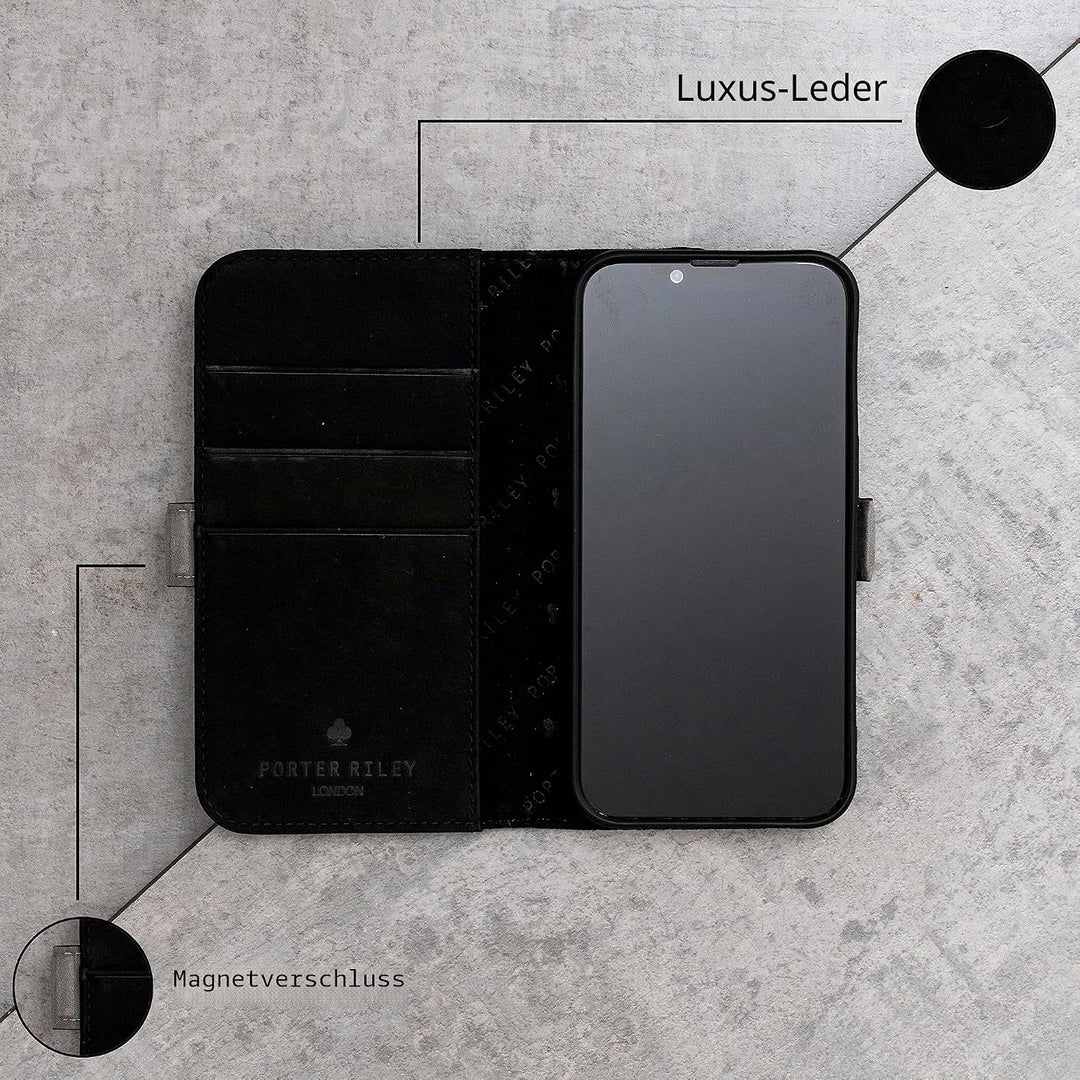 Porter Riley - Lederhülle für iPhone 14 Pro. Premium Echtleder Standhülle/Ledertasche/Brieftasche mi