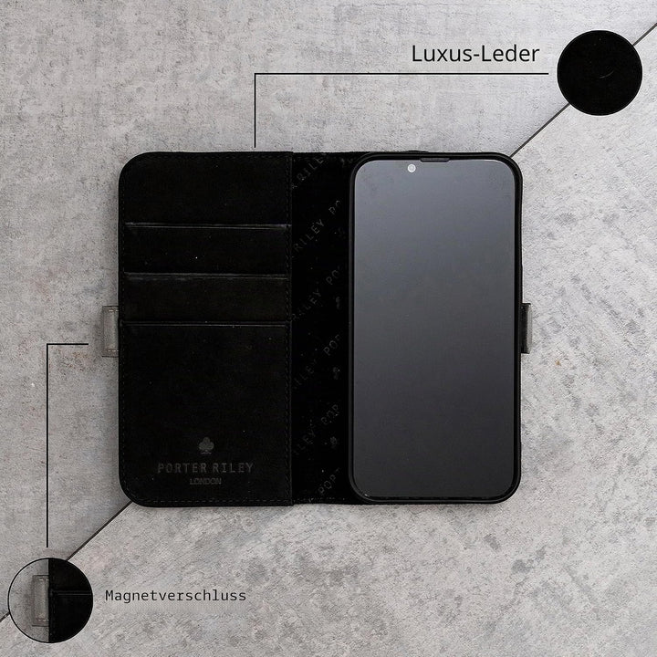 Porter Riley - Lederhülle für iPhone 14 Pro. Premium Echtleder Standhülle/Ledertasche/Brieftasche mi