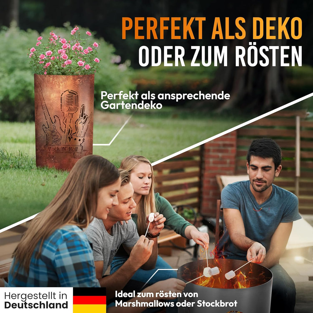 TiKo-Design Feuertonne/Feuerkorb mit Motiv – Lagerfeuertonne, Feuerkorb Rock n Roll – Verleihen Sie