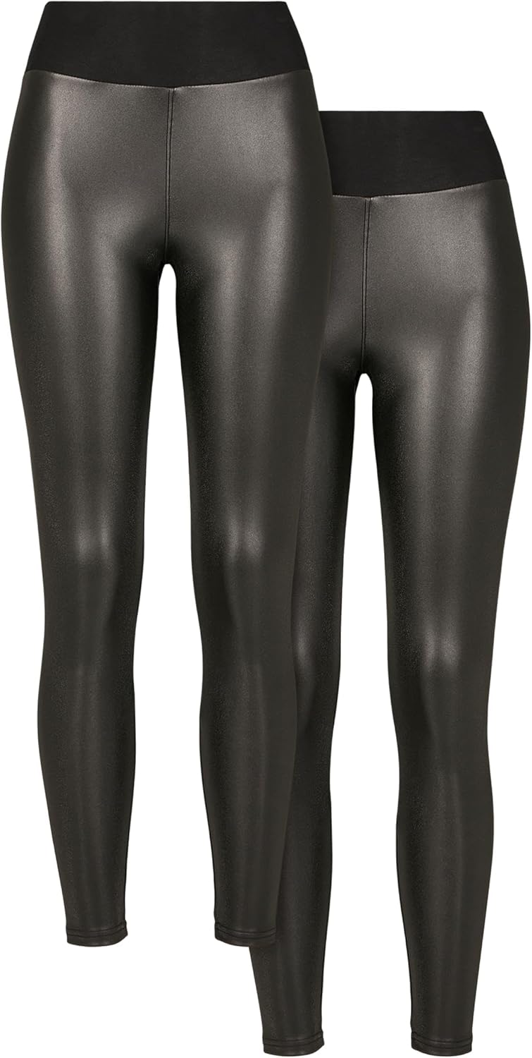 Urban Classics Damen Ladies Faux Leather High Waist Leggings 2-Pack S Black+black, S Black+black