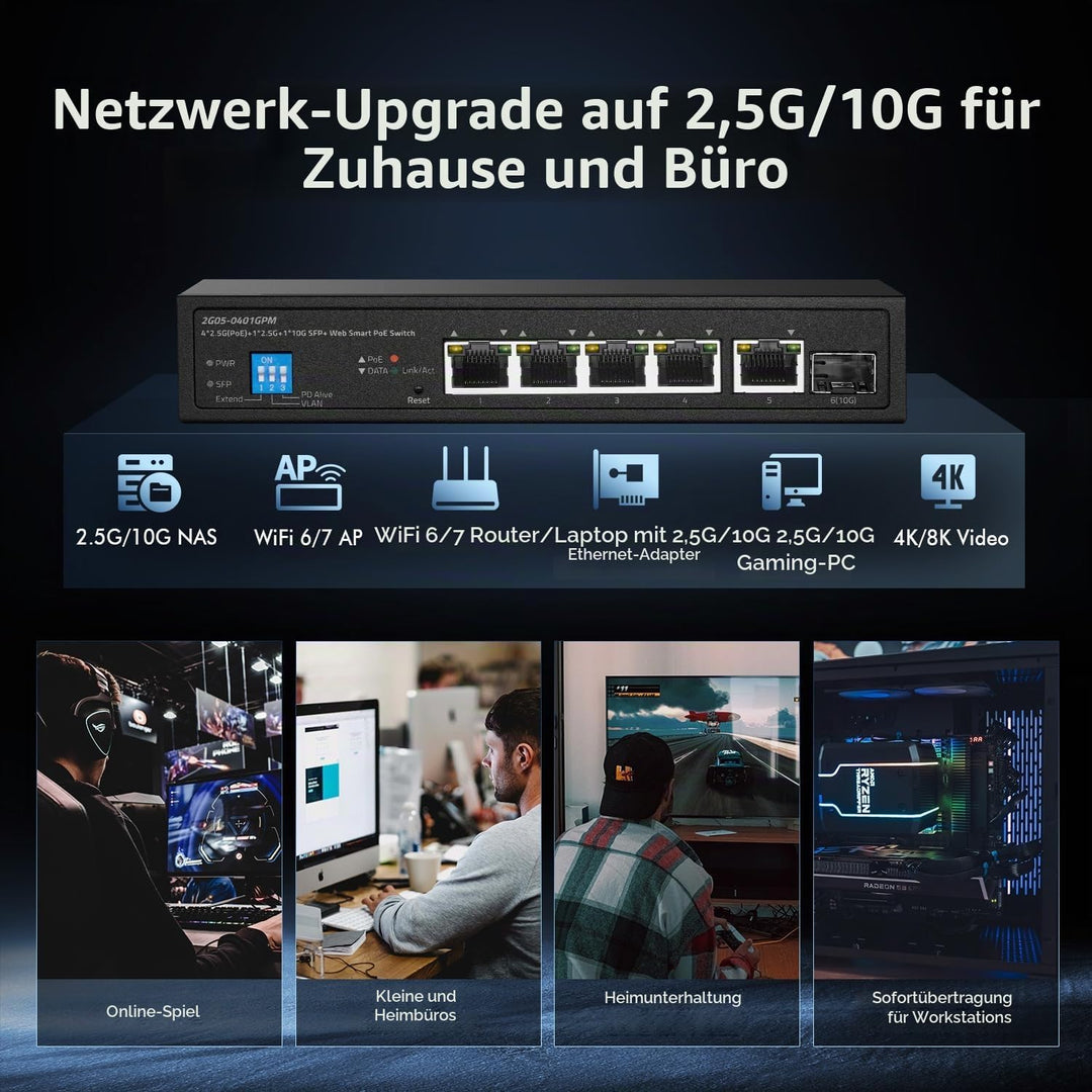 6-Port-2,5G-PoE-Managed-Switch, 10G-SFP+-Steckplatz, IEEE802.3af/at 100W, unterstützt Trunk/LACP/VLA