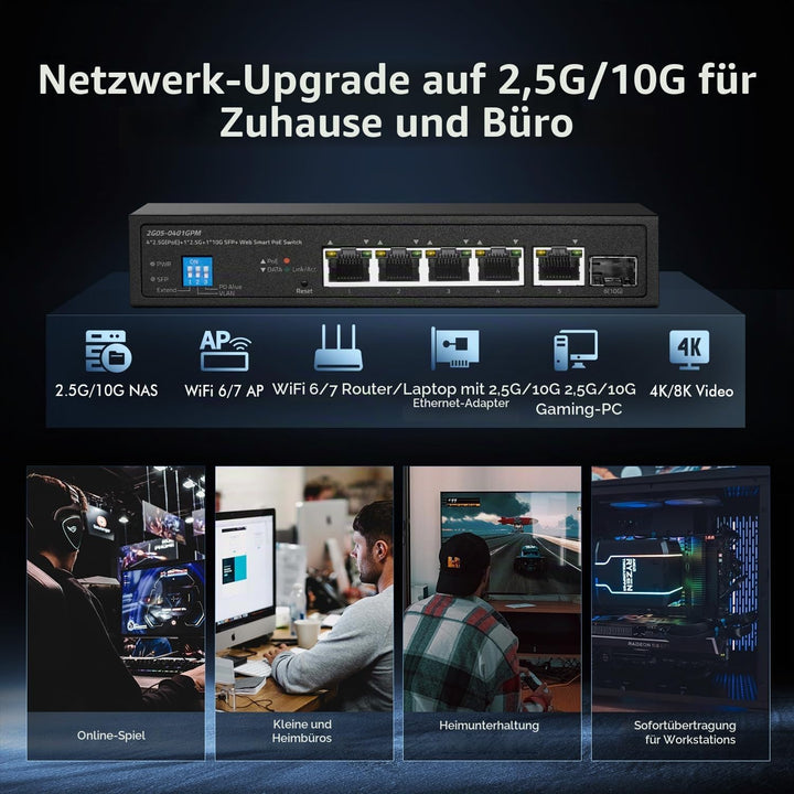 6-Port-2,5G-PoE-Managed-Switch, 10G-SFP+-Steckplatz, IEEE802.3af/at 100W, unterstützt Trunk/LACP/VLA