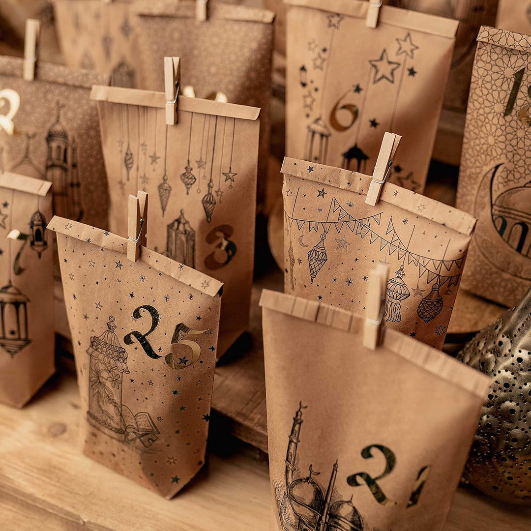 Papierdrachen DIY Ramadan Kalender zum Befüllen - Bedruckte Kraftpapiertüten - 30 Geschenktüten zum