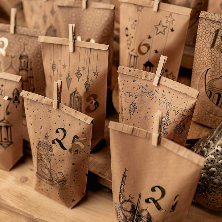 Papierdrachen DIY Ramadan Kalender zum Befüllen - Bedruckte Kraftpapiertüten - 30 Geschenktüten zum