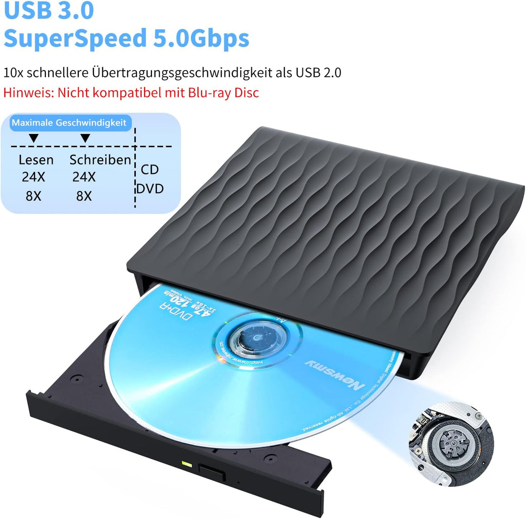 CD Laufwerk Extern USB 3.0 & Type-C, LPUNCD Professionell Externes DVD Laufwerk CD DVD Brenner +/-RW