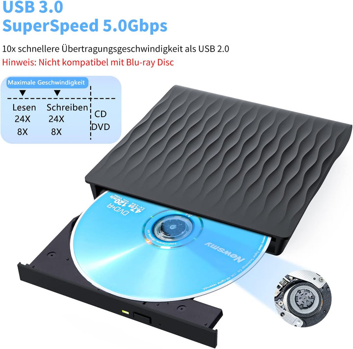 CD Laufwerk Extern USB 3.0 & Type-C, LPUNCD Professionell Externes DVD Laufwerk CD DVD Brenner +/-RW