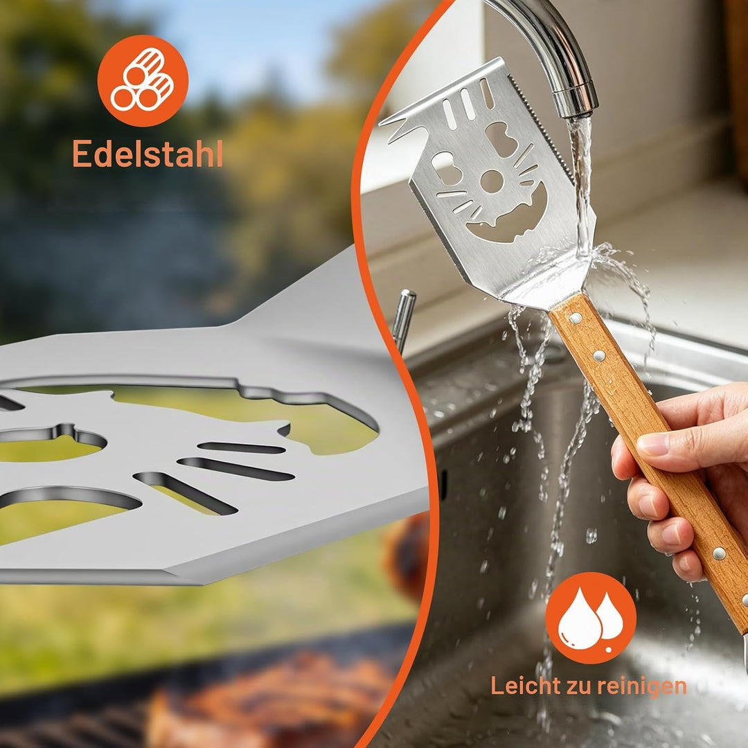 Grillbesteck Set 3-TLG,Grill Zubehör Set mit Extra-Langen Holzgriff und Tragetasche,Edelstahl,Antiro
