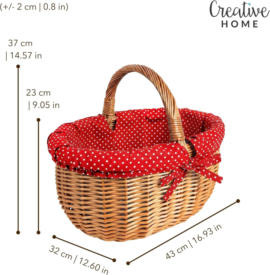 Creative Home Grosser Picknickkorb mit Stoffeinlage Rot mit Pünktchen Weidenkorb mit Henkel | Einkau