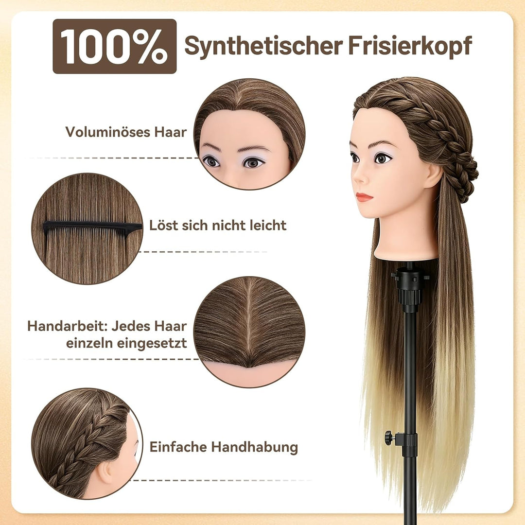 TwoWin 100% Synthetischer Frisierkopf, Übungskopf 28 Zoll /71cm Friseurkopf, Trainingskopf für Frise