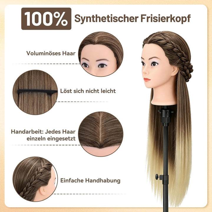 TwoWin 100% Synthetischer Frisierkopf, Übungskopf 28 Zoll /71cm Friseurkopf, Trainingskopf für Frise