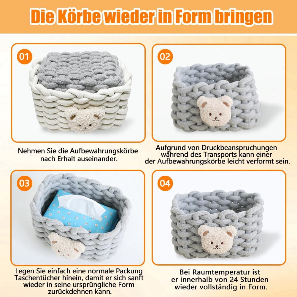 2 Stück Aufbewahrungskorb Geflochten mit Bärenmotiv Baumwolle Strickkorb, Häkelkorb, Klein Organizer