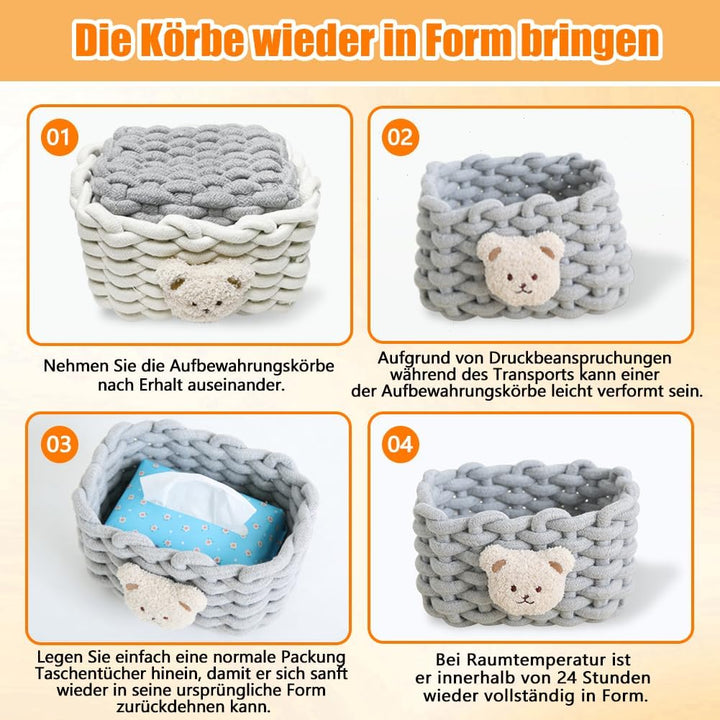 2 Stück Aufbewahrungskorb Geflochten mit Bärenmotiv Baumwolle Strickkorb, Häkelkorb, Klein Organizer
