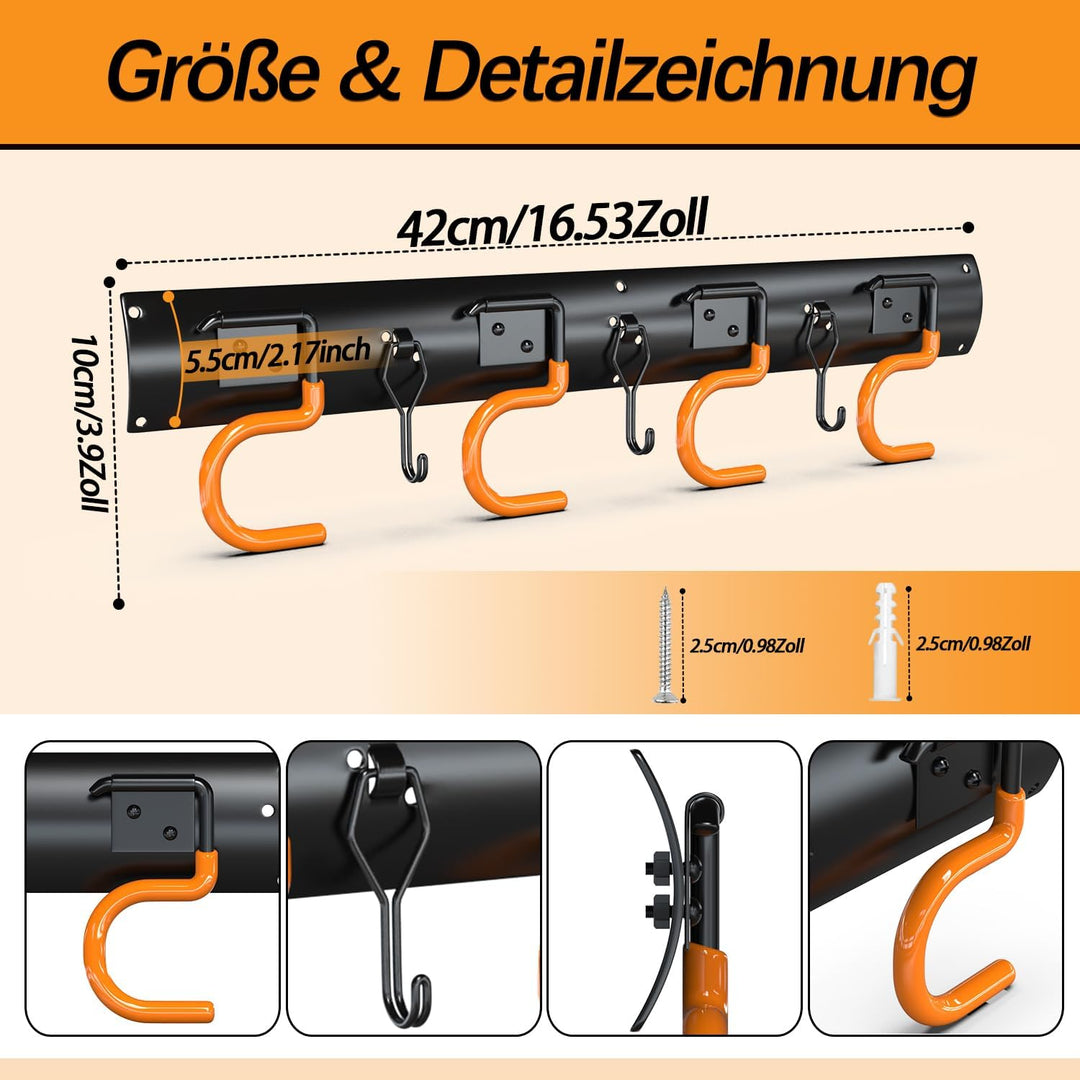 3-H Wandhalterung für Gartengeräte 4X 42cm Vollstahl mit Mini-Haken,Schwarz 42cm 4×42cm mit Haken, 4