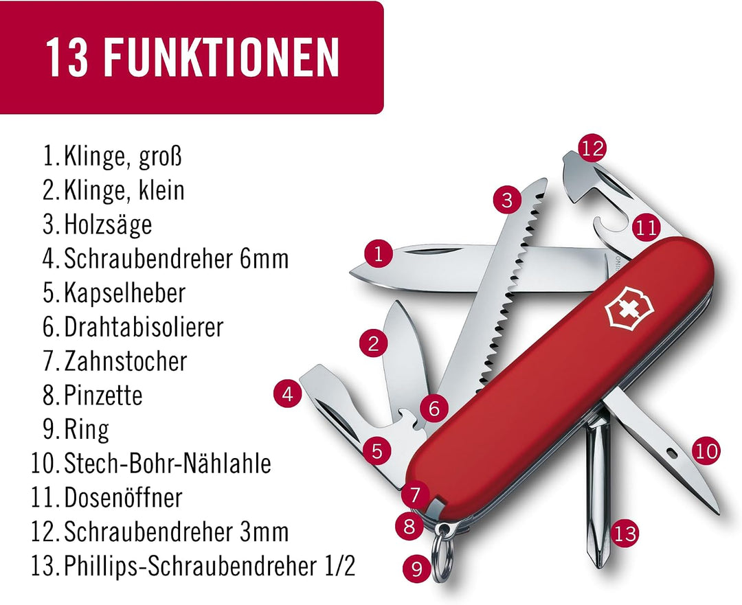 Victorinox Schweizer Taschenmesser Hiker, Swiss Army Knife, Multitool, 13 Funktionen, Klinge, Dosenö
