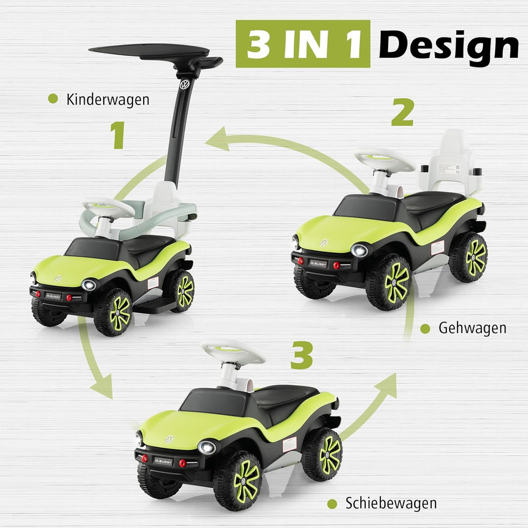 DREAMADE Rutschauto für Kinder, Volkswagen Rutscher mit 3-stufig Verstellbarem Schiebegriff, Verdeck