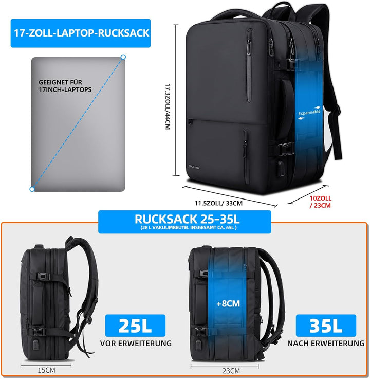 Handgepäck Rucksack Vakuum Laptop Backpack: 35L Laptop 17 Zoll Herren Flugzeug Erweiterbar Wasserabw