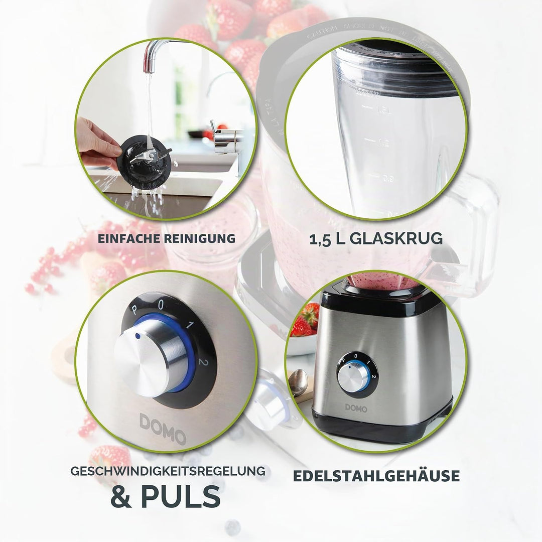 DOMO DO1133BL Standmixer Edelstahl - Geeignet zum Mixen, Blenden, Zerkleinern und Eis crushen - Puls